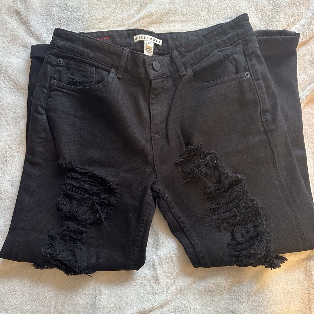 Alice + Olivia Washed Black Mid Rise Distressed Straight Leg Ankle Jeans Sz 27